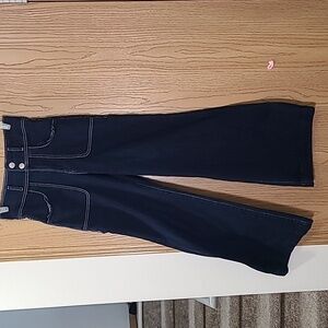 Express contrast stitch wide leg high waisted dark wash jeans